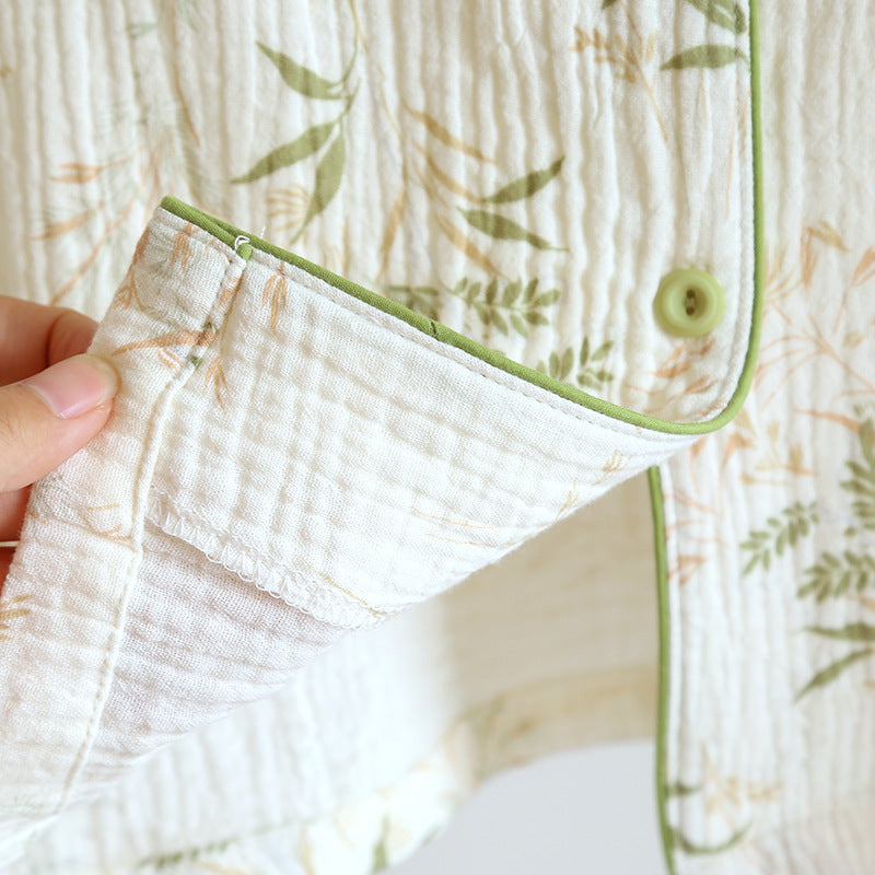 2025 New Spring and Autumn Women's Pajama Set 100% Cotton Crepe Printed Long Sleeve Pants Two Piece Home Suit Set Sleepwear