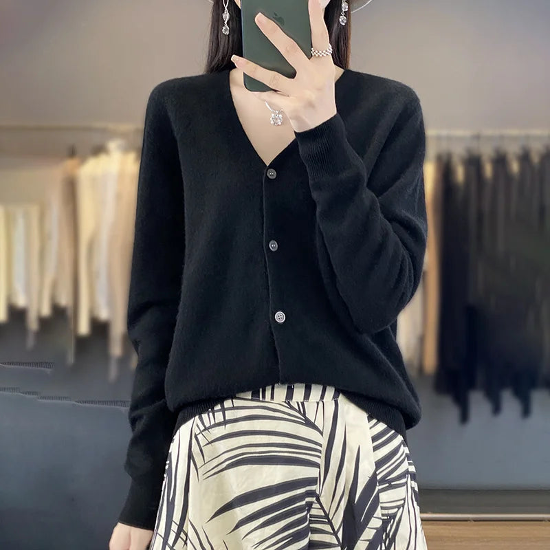 100 Merino Wool Knitted V-neck Sweater Women's Top Loose Korean Version Fashionable Versatile Autumn And Winter Cashmere Sweater