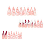 24Pc Long Stiletto Press on Nails Cherry Pink French False Nails with 3D Bow Pearls Design Detachable Acrylic Fake Nail Art Tips