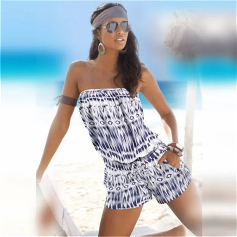 2024 new spring and summer fashion strapless one-shoulder one-piece casual printed drawstring one-piece pants