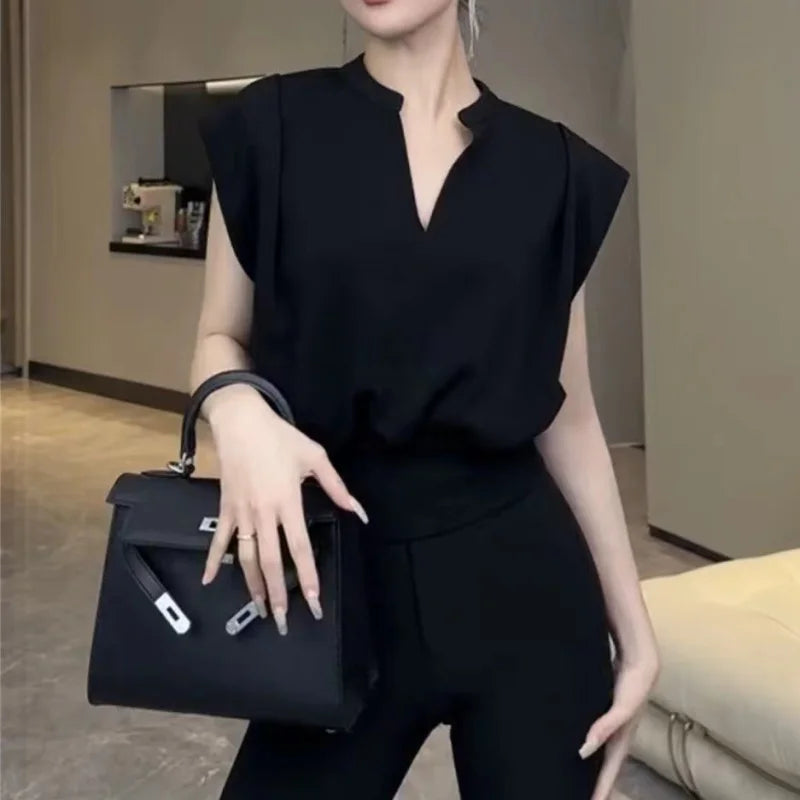 Black V-neck Short Shirt Summer Crop Top Women's Fashion Sleeveless Shirts Elegant Office Lady Clothes Top Casual Blouse