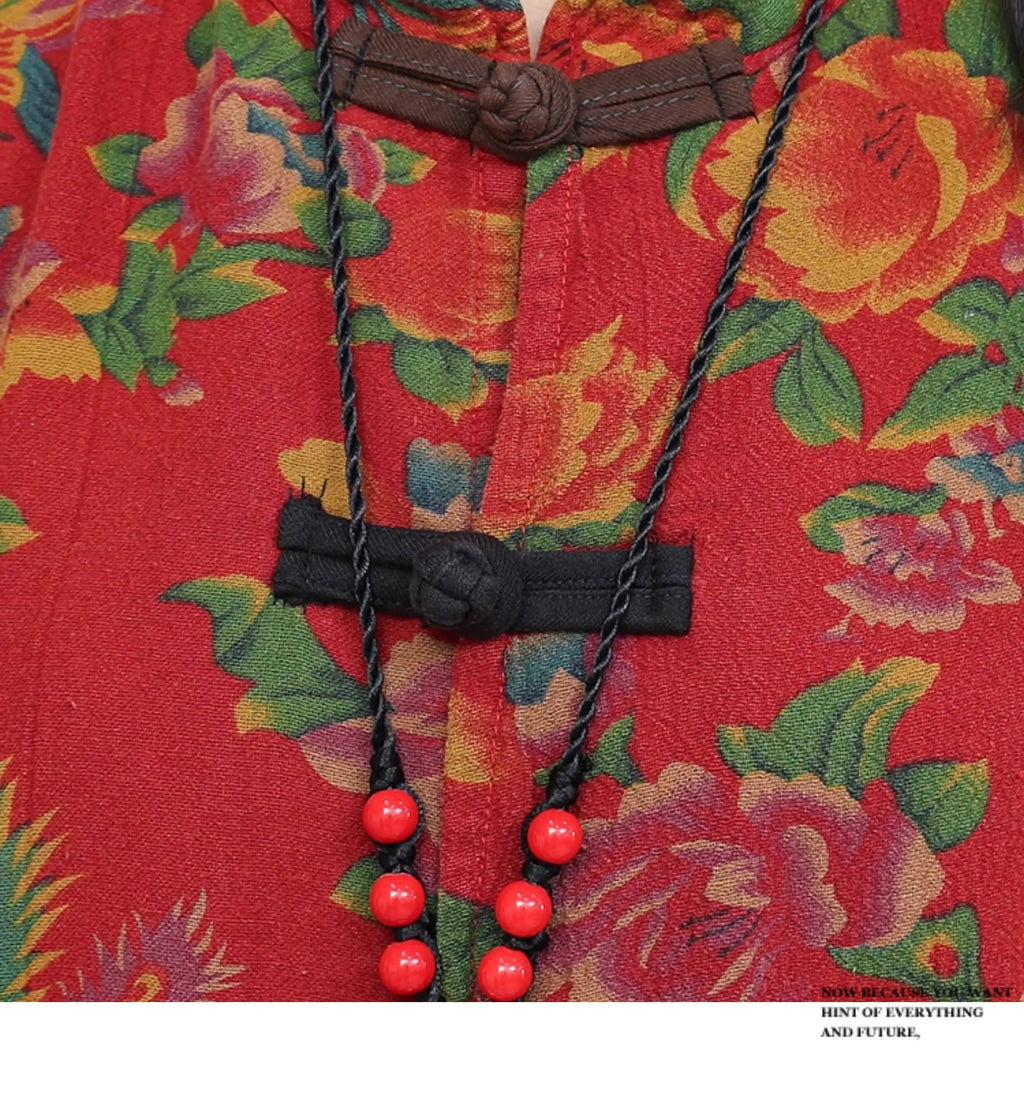 Artistic Large Floral Cotton Linen Chinese Style Button Embroidery Loose Casual Jumpsuit Women LX4344