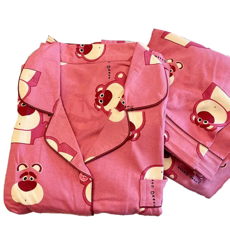 Disney Cartoon Strawberry Bear Home Outfit Women's Long Sleeved Pants Pijama Sleepwear for Sleeping Pajama Sets