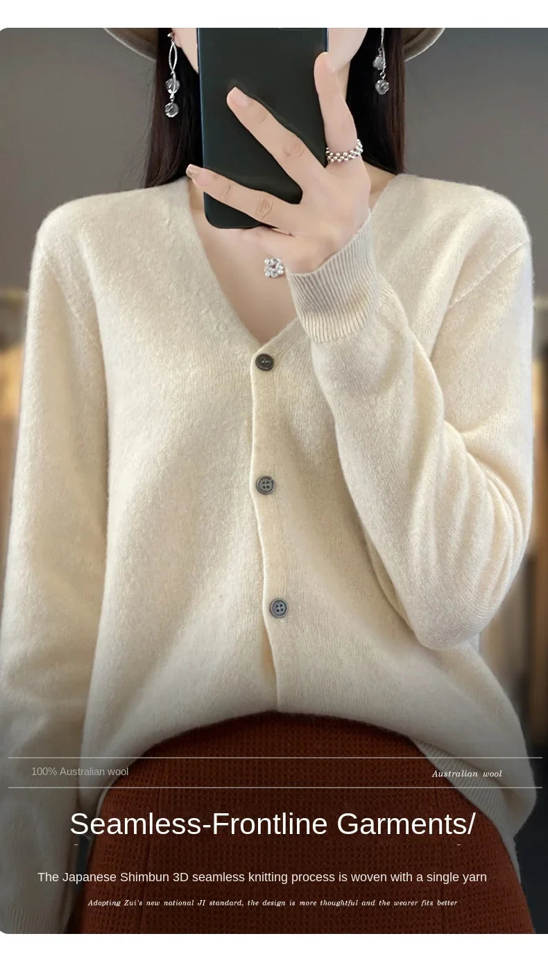 100 Merino Wool Knitted V-neck Sweater Women's Top Loose Korean Version Fashionable Versatile Autumn And Winter Cashmere Sweater