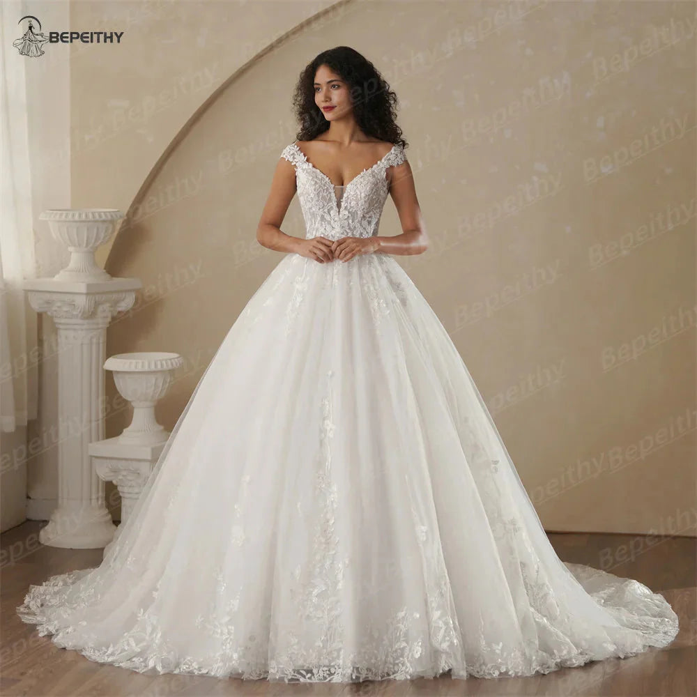 BEPEITHY Customized Strapless A Line Off Shoulder Long Sleeves Bride Ivory Wedding Dresses Glitter Court Train Bridal Gown 2025