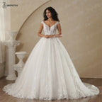 BEPEITHY Customized Strapless A Line Off Shoulder Long Sleeves Bride Ivory Wedding Dresses Glitter Court Train Bridal Gown 2025