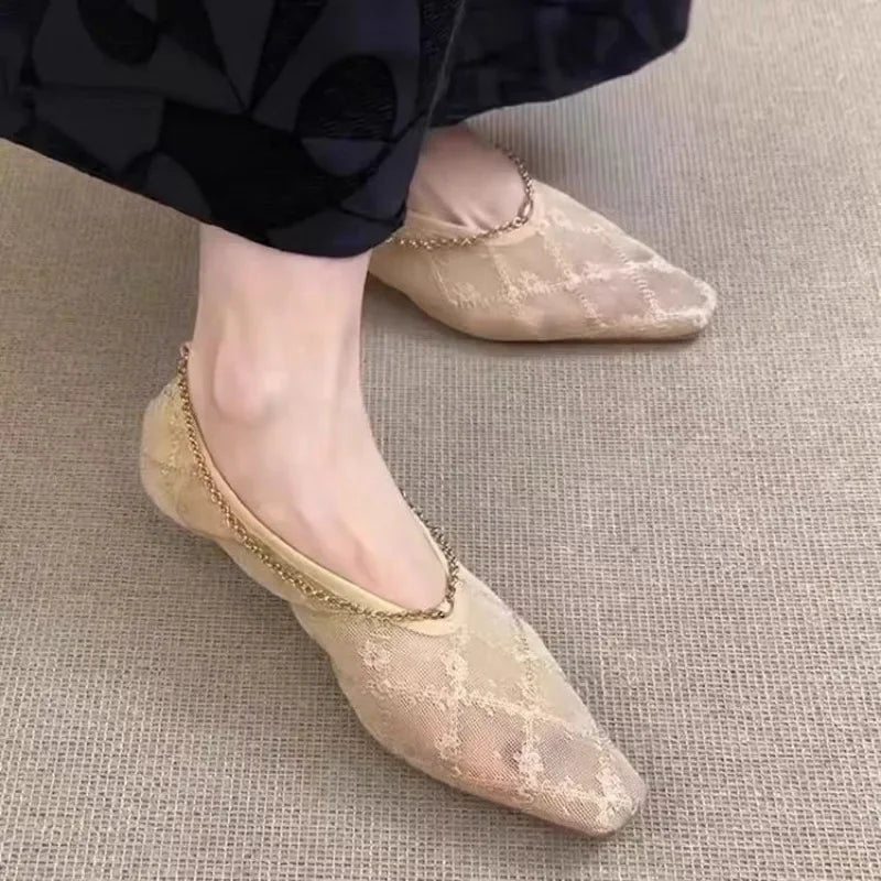 2025 New Lace Mesh Breathable Single Shoes Women's Summer French Square Toe Slip-On Chain Mary Jane Flats
