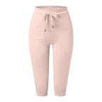 Classic Solid Color Jogging Pants Women Cotton Linen Capris Trousers Bandage Double Pocket Pants Summer Beach Vacation Wear