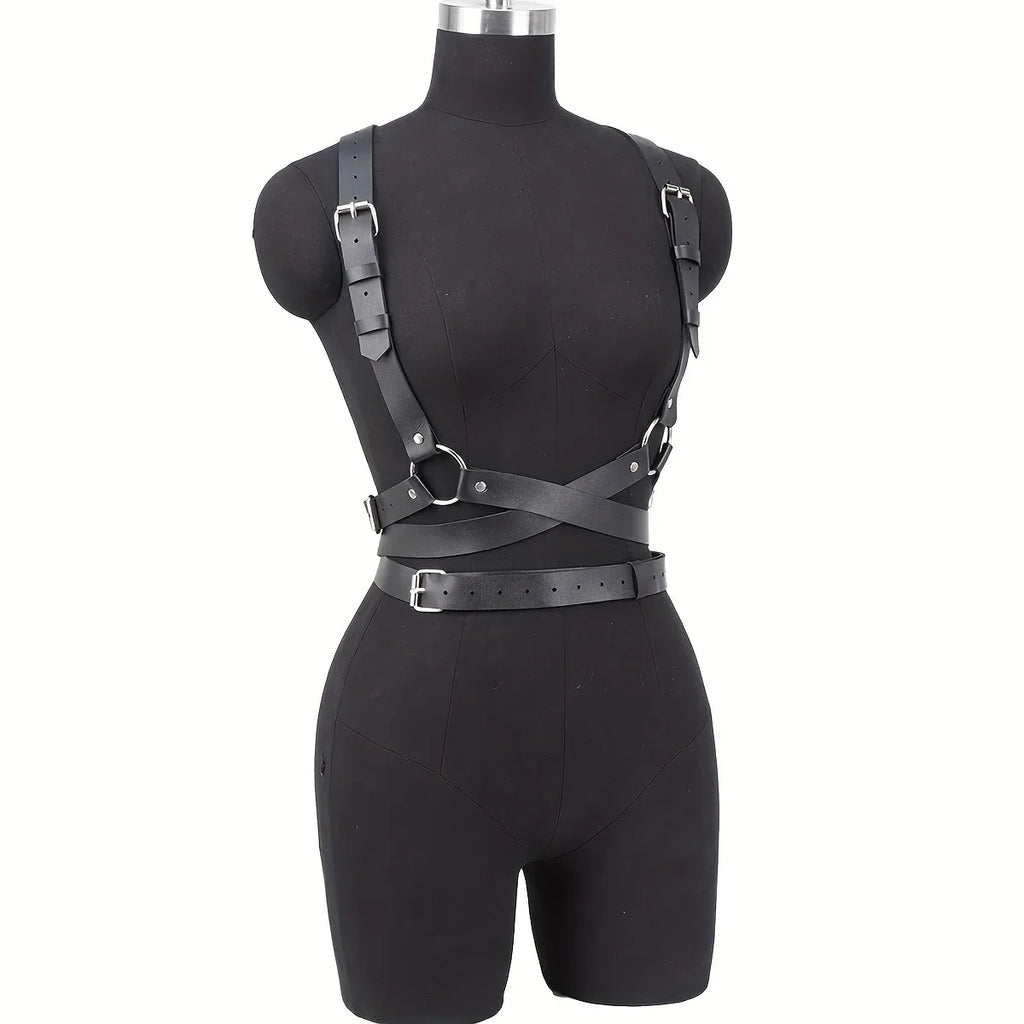 Adjustable Women's Gothic Punk Faux Leather Belt Perfect Waist and Chest Charms for Holiday and Casual Wear