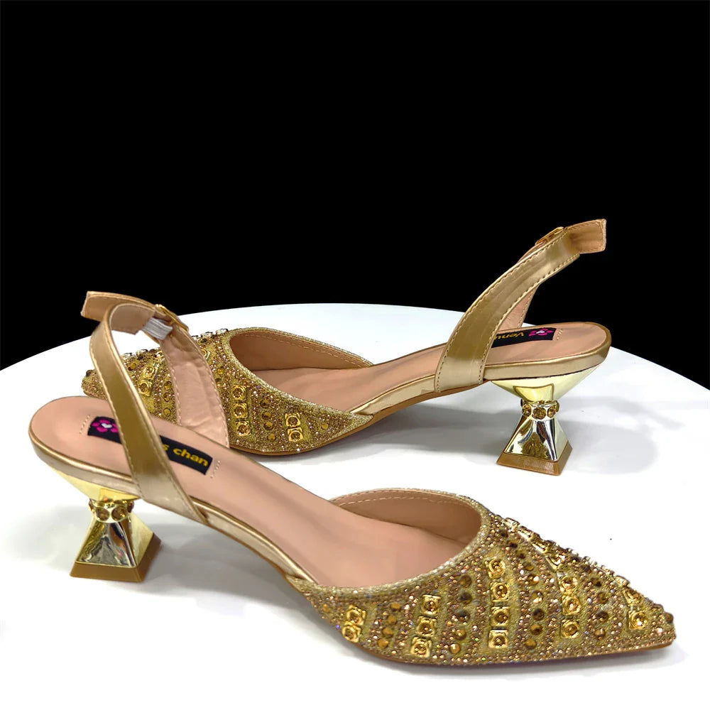 2025 Luxurious Italian Women's Party Shoes & Bag Set â€?Elegant Golden Rhinestone Spring/Summer Sandals with Pointed High Heels f
