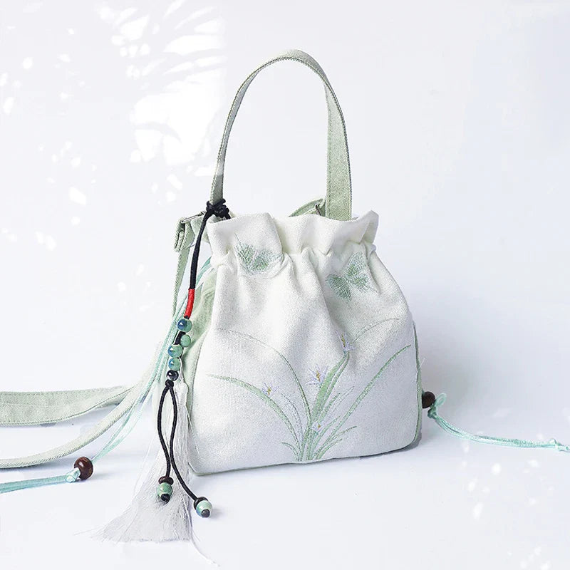 Chinese Style Women's Drawstring Bag Vintage Flower Embroidery Hanfu Handbag Street Fashion Girls Bucket Shape Shoulder Bag