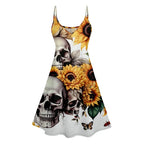 Dressfo Women's Summer Dresses Halloween Rose Injured Skull Print Hem V Neck Dress O Ring Straps Sleeveless A Line Tank Dress