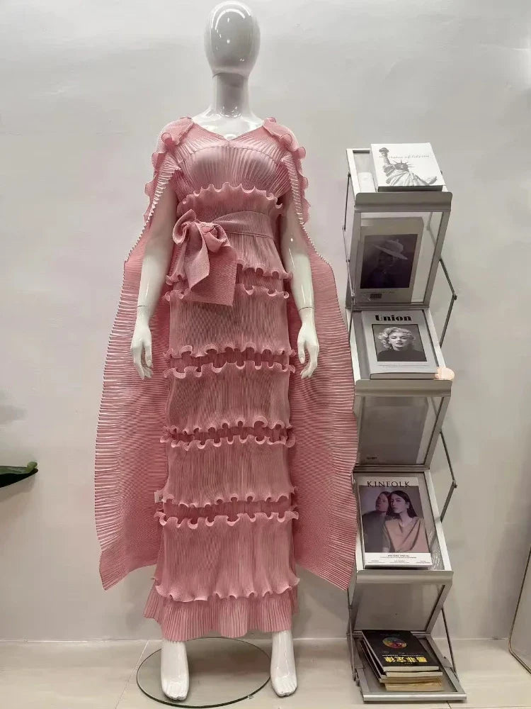 EGRM Miyake Solid Pleated French Three-dimensional Fungus Edge Cake Dress Women's Loose Long Dresses 2025 Summer New 6R8109