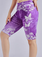 3 Piece Set Of Lmitation Denim Leggings For Women Butterfly Waist Fruit Flower Elastic Shorts High Waist Casual