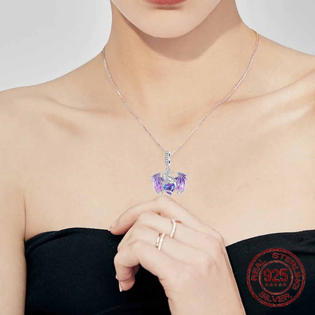 925 Sterling Silver Purple Dragon Flying Dragon Pendant Charm Fit Original Charms Bracelets Women DIY Jewelry Gift
