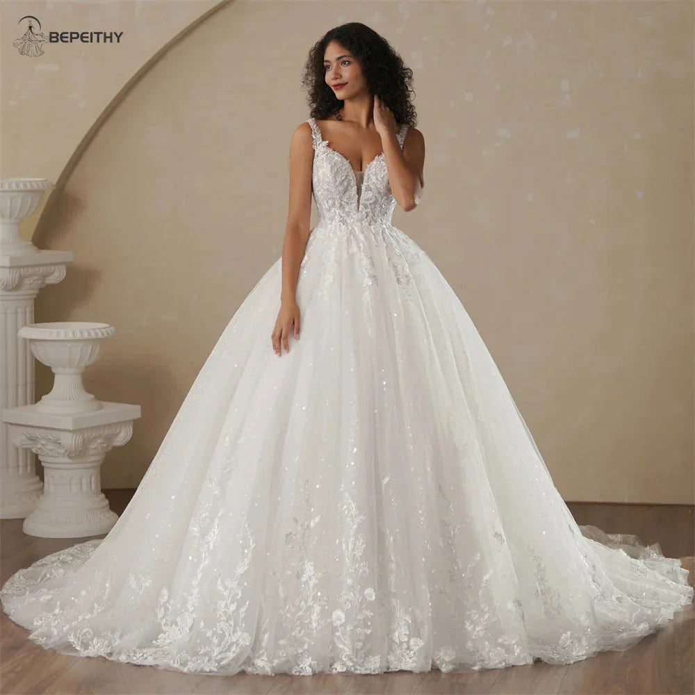 BEPEITHY Customized Strapless A Line Off Shoulder Long Sleeves Bride Ivory Wedding Dresses Glitter Court Train Bridal Gown 2025