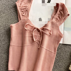 2024 Solid Color Ribbed Knotted Tank Top Casual Round Neck Tank Top For Spring & Summer Women's Clothing Knit Crop Top