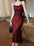 2025 Summer Women's Dress Red Pasta with Straps Pleated Strappy Dress Slim and Elegant Party Dress Long