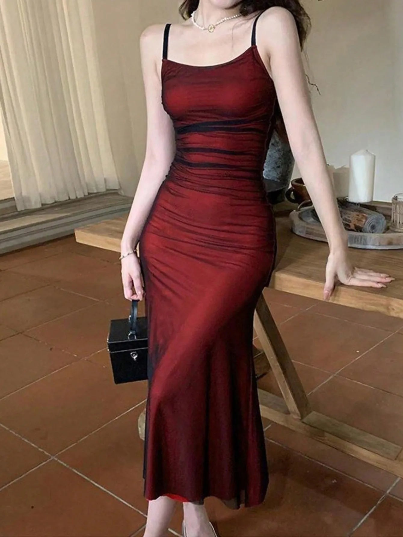 2025 Summer Women's Dress Red Pasta with Straps Pleated Strappy Dress Slim and Elegant Party Dress Long