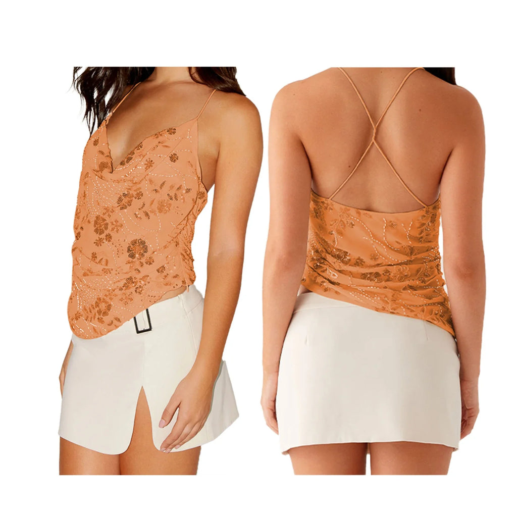 Combhasaki Women Summer Sleeveless Beading Camis Top V-neck Tie-up Cross Backless Pearl Glitter Sequin Flower Embroideried Vest