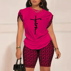 Digital Print round Neck Short Sleeve Women's Suit Summer New Style Elegance Quality Polyester Fiber Skirt Set from Mainland Chi