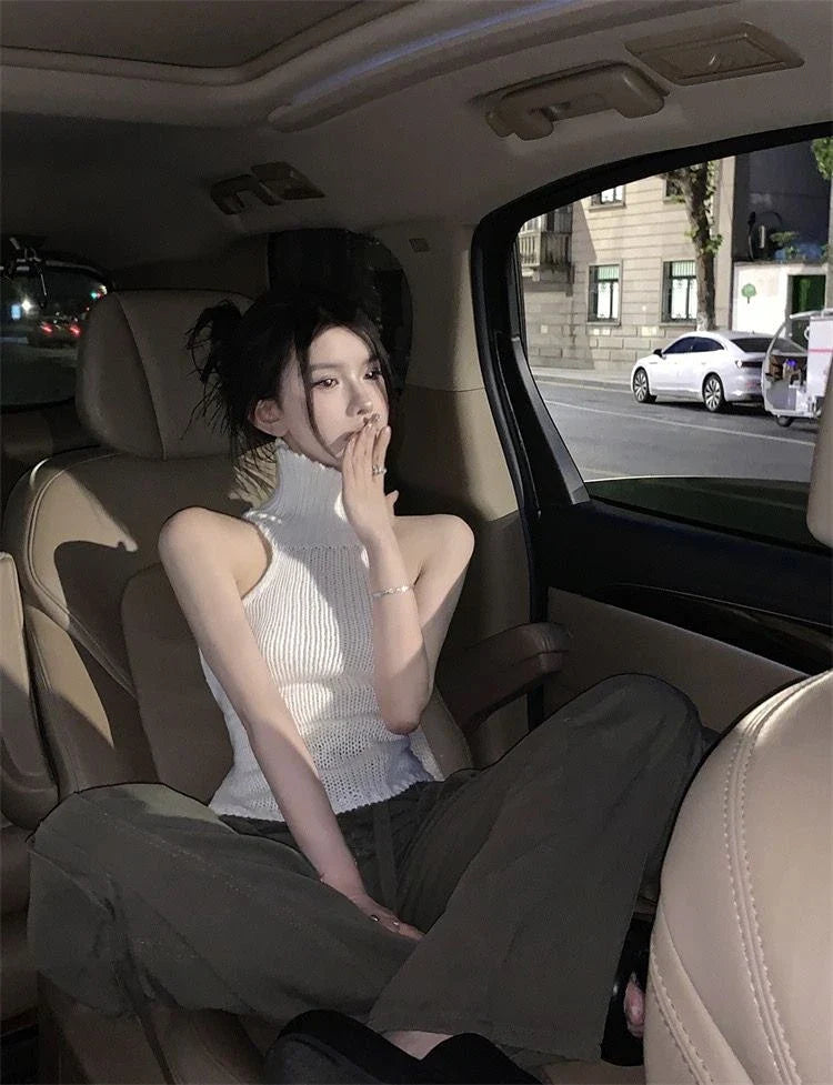 Crop Top Summer Y2K Clothes Fashion Sleeveless Shirts Turtleneck Tees Bandage Tanks Hollow Out Tops Women Sexy Gothic Clothing