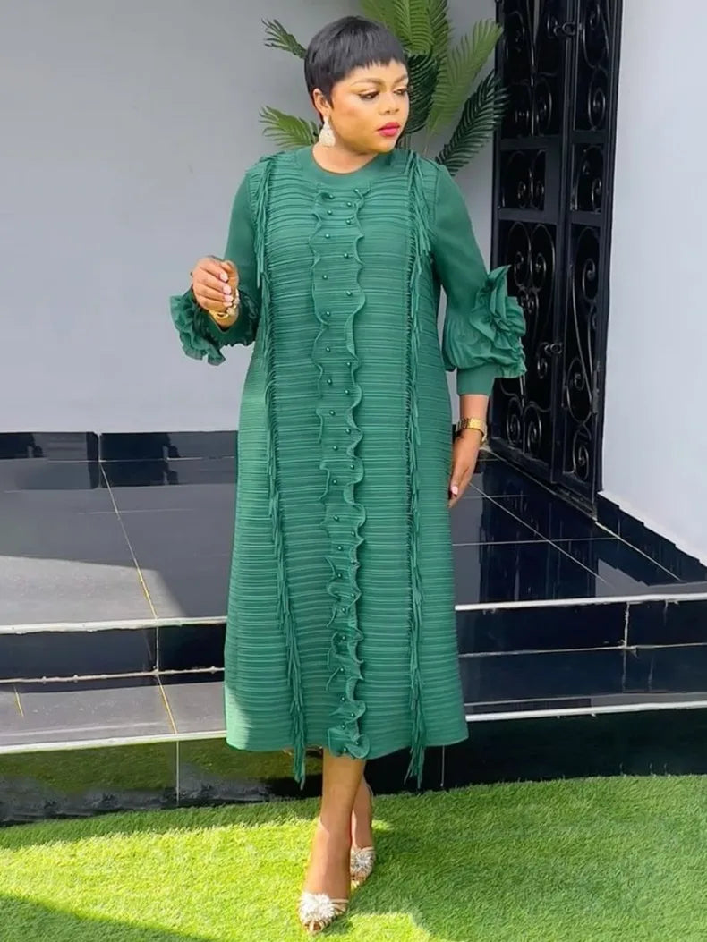 EGRM Miyake Pleated Dress Round Collar Full Sleeve Ruffles High Stretch Loose Dresses for Women 2025 New Autumn Clothing 2G3113