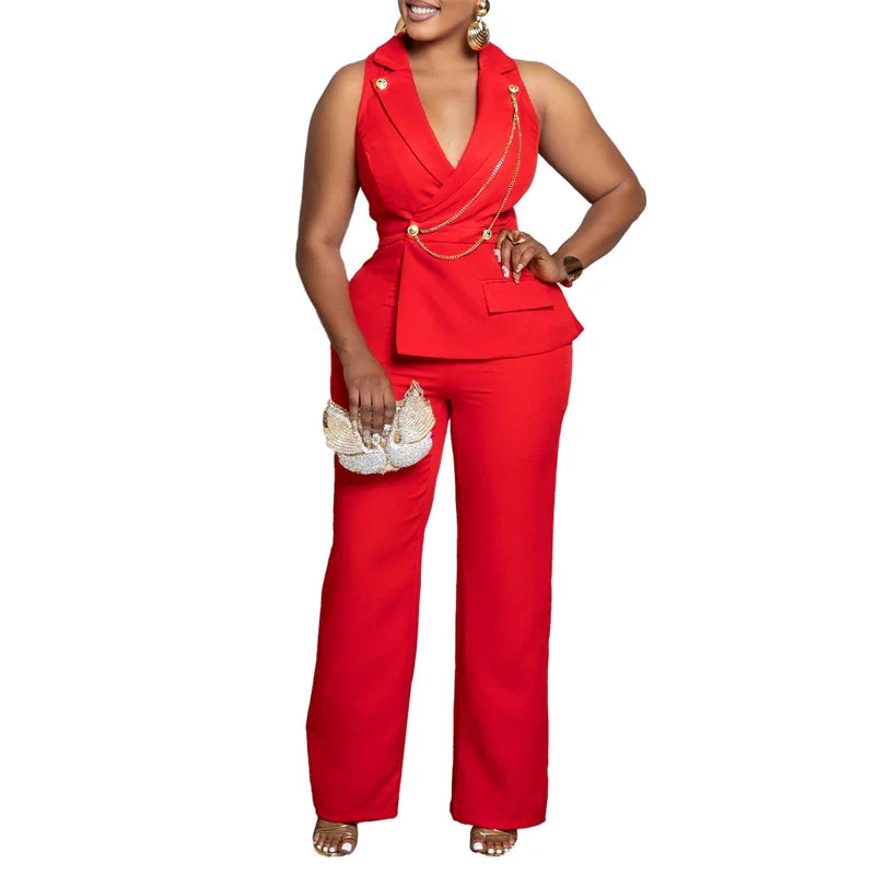 Elegant Blazer Jumpsuits Summer Clothes Women Sleeveless V-Neck Straight Pants Rompers Playsuits OL Style One Pieces Overalls