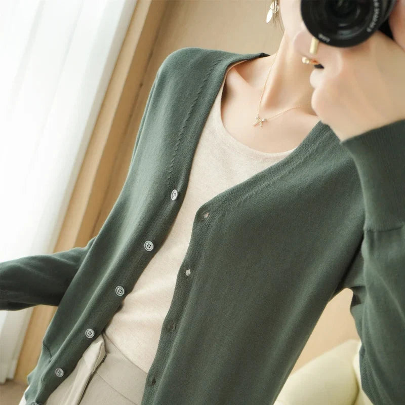 100% Cotton Line Long Sleeve V-Neck Knitted Cardigan Women Loose Short Solid Color Simple Sun Protection SMY K61