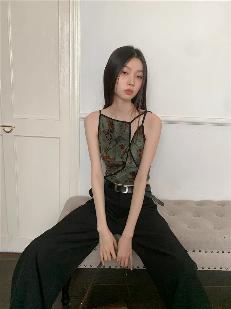 CHEERART Flocking Floral Vintage Crop Cami Top For Women 2024 Sleeveless Flower Green Tops Designer Clothes Luxury