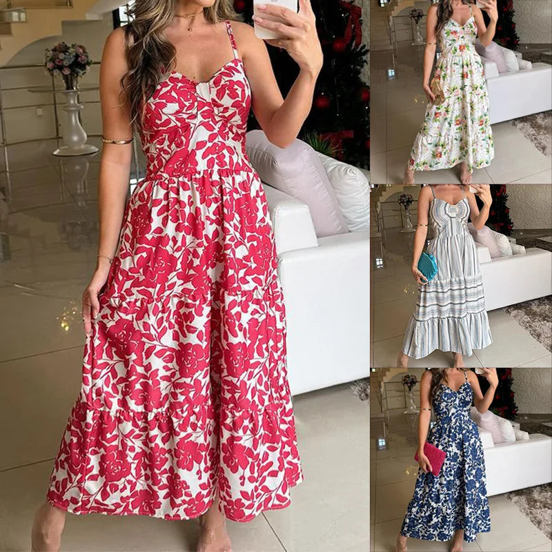 Bohemian Beach Sundresses For Women Fashion Floral Printed Sexy Sling Maxi Dresses Oversized Ladies Casual Long Dress
