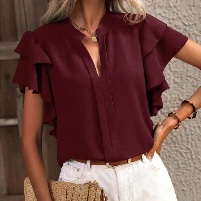 Dark Green Elegant Pullover Blouse 2024 Women's Summer New V-neck Casual Double Layered Ruffle Sleeves Solid Color Shirt Top