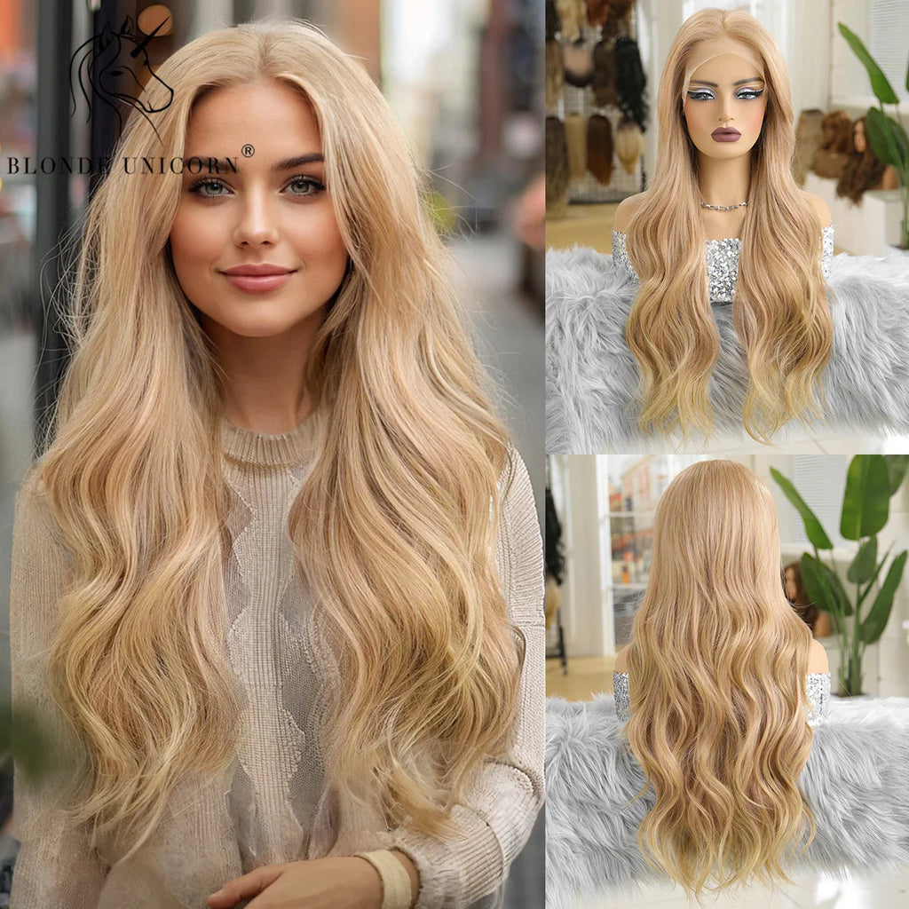 13x6 Lace Front Wig Blonde Wave Synthetic Wigs for Women Daily Party Cosplay Use Heat Resistant Fiber Hair