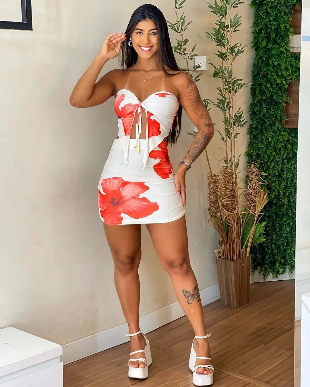 2 Piece Set Women's Floral Print Split Strapless Sleeveless Top & Mini Shorts Pants Set Summer Sexy