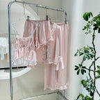 Blue Pajamas Set Elegant Home Clothes Ice Silk Sleepwear Women Loose Trousers Suit Four Seasons Loungewear Sexy Lace Nightgown