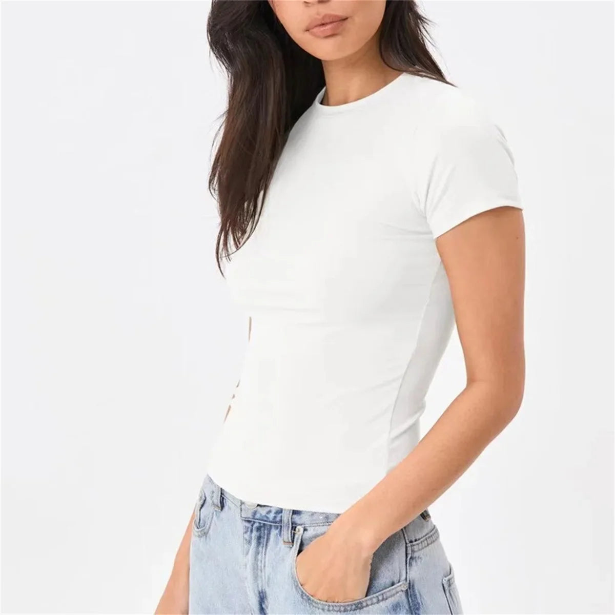 2025 Spring New Short Sleeve T-Shirt Women Solid Simple Casual Soft All-Match Hot Basic Crop Tops Tees Summer Fashion Slim Fit T