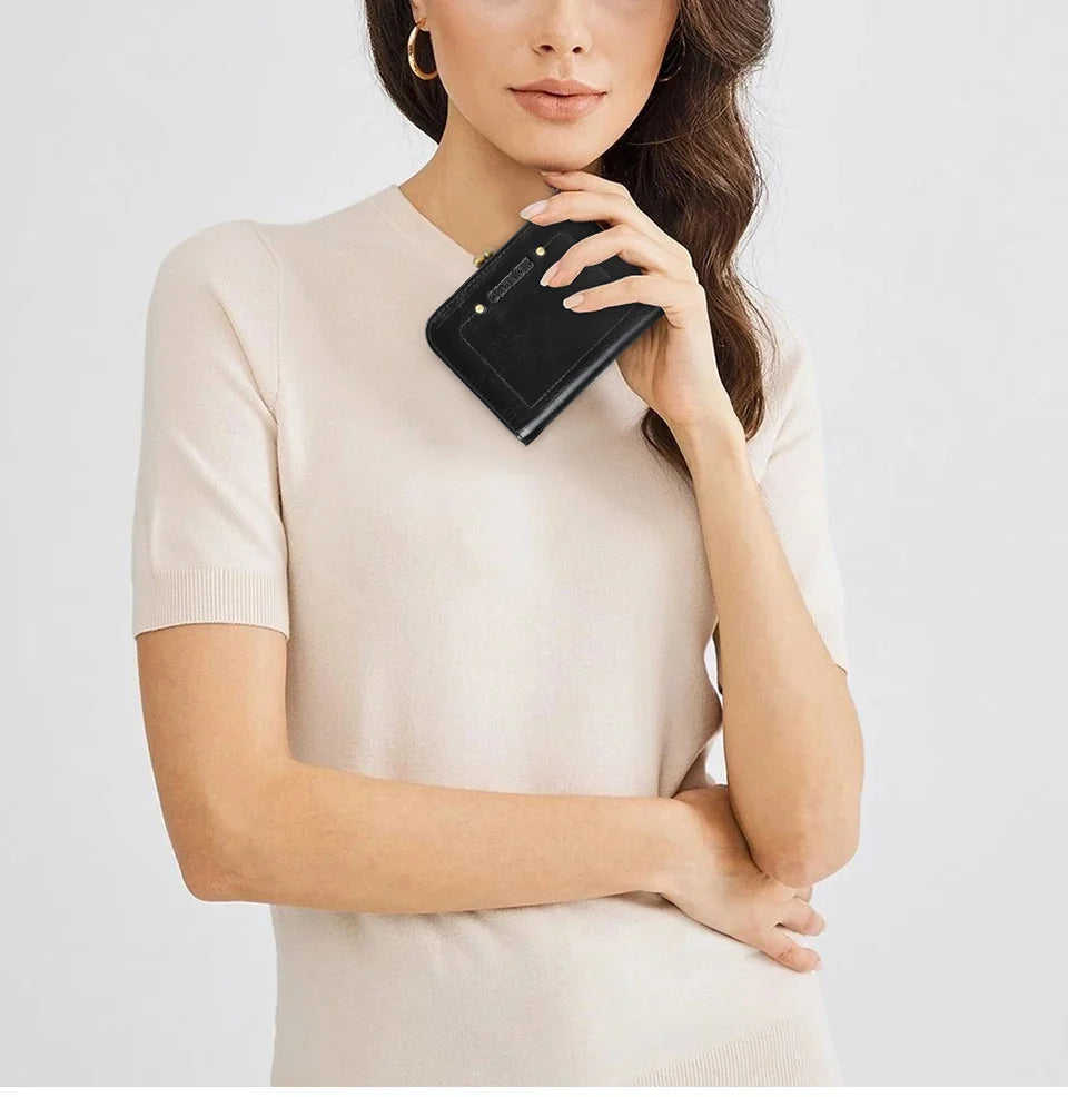 CONTACT'S Genuine Leather Short Wallets for Women Kiss Lock Classic Wallet Metal Frame Coin Purses Card Holder Money Clip Bags