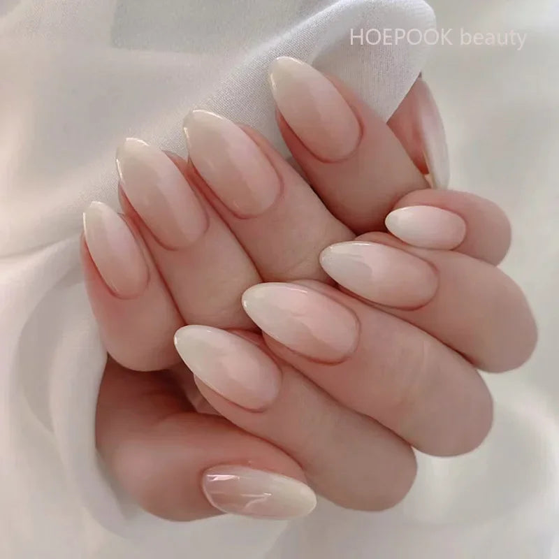 24pcs Nude French Fake Nails White Edge Almond False Nails Art Full Coverage Removable Waterproof Artificial Press on Nail