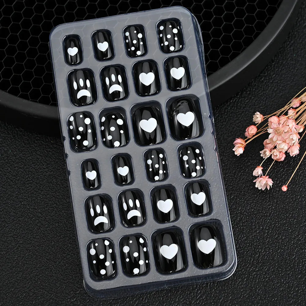 24Pcs Children Cartoon Nail Tips Colorful Cute Rabbit Pink Stars 6-14 Years old Girl Fake Nail With Jelly Glue Kids False Nail