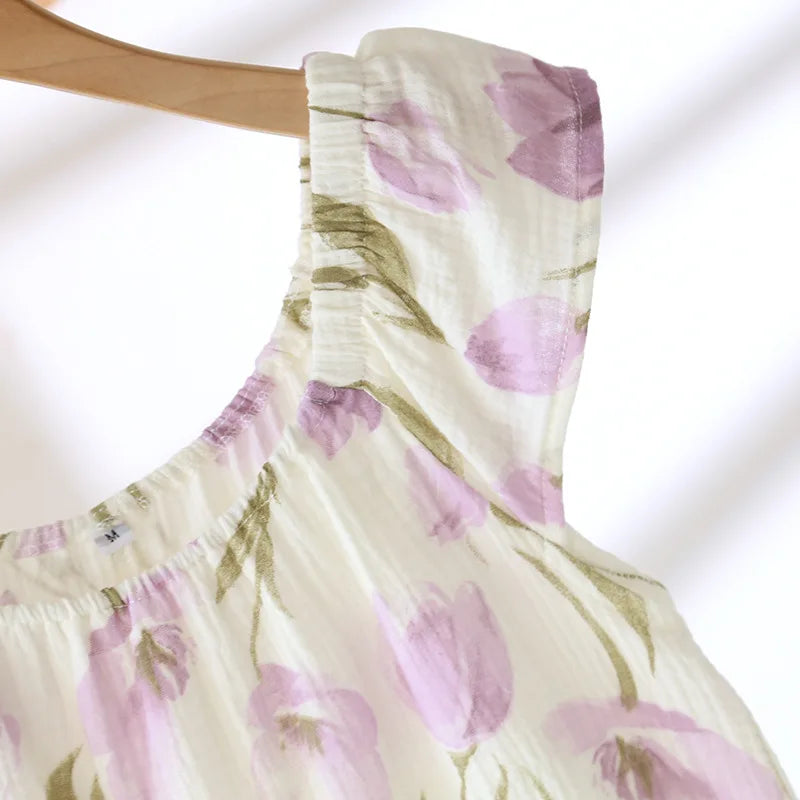 2025 Women's New Summer Pajama Set 100% Cotton Crepe Vest+Shorts Two Piece Loose Home Clothing Set Sleepwear Ladies