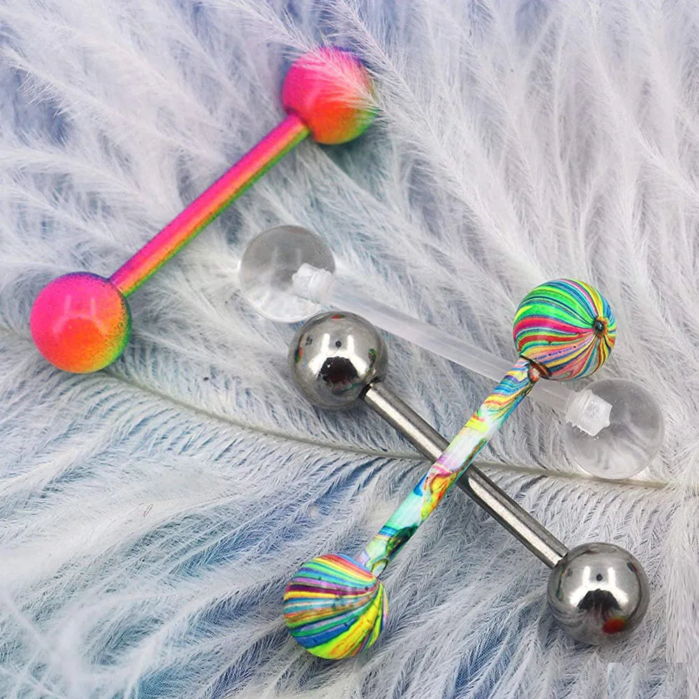 1PCS/4PCS 14G Stainless Steel Tongue Rings Barbell Rainbow Colorful Tongue Bar Piercing Body Jewelry