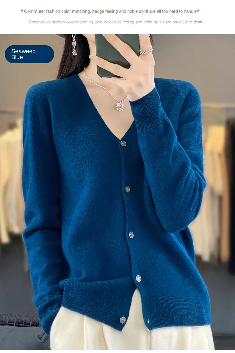 100 Merino Wool Knitted V-neck Sweater Women's Top Loose Korean Version Fashionable Versatile Autumn And Winter Cashmere Sweater