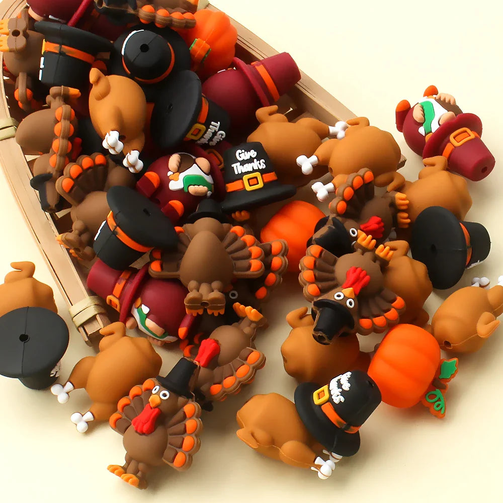 5/10/20pcs Thanksgiving Silicone Beads 3D Pumpkin Turkey  Focal Beads for Jewelry Lanyards Keychain Bracelet Making Pen Decor
