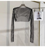 2023 new sexy bright diamond short top Slim thin Ms. hot drill long-sleeved T-shirt sexy leak waist nightclub