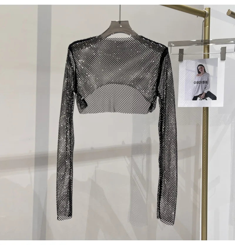 2023 new sexy bright diamond short top Slim thin Ms. hot drill long-sleeved T-shirt sexy leak waist nightclub