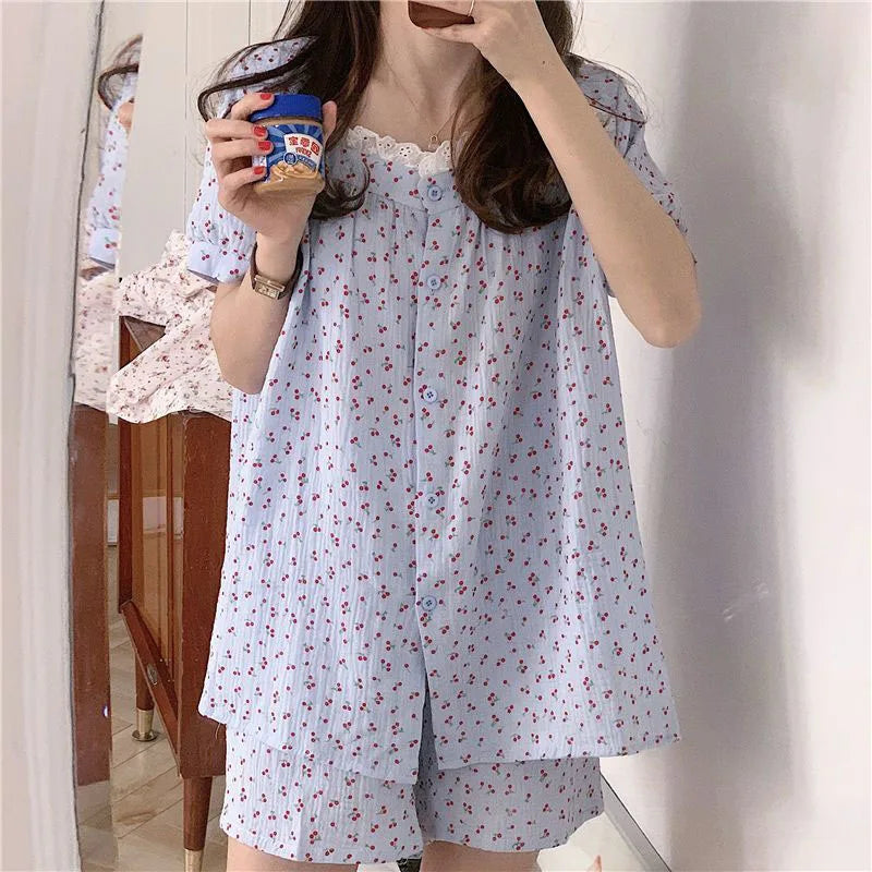 Cherry Sleepwear Pajamas Women Summer Short Sleeve Shorts Sweet Small Lace Japan Fashion Ins Student Korean Homewear Set