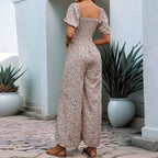 Bohemian Vacation Holiday Jumpsuit Women Pleated Wide Leg Rompers Chiffon Print Ethnic Playsuit Summer Casual Jumpsuits