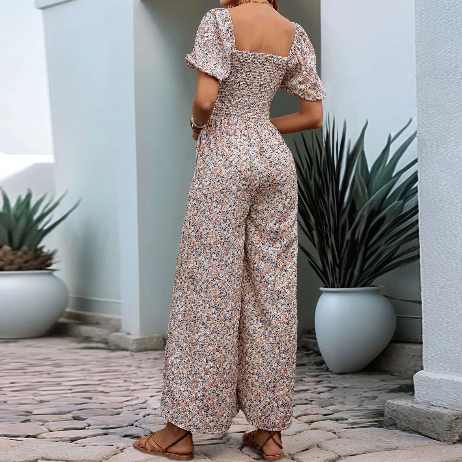 Bohemian Vacation Holiday Jumpsuit Women Pleated Wide Leg Rompers Chiffon Print Ethnic Playsuit Summer Casual Jumpsuits