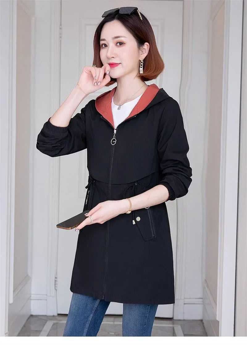 Double-Sided Trench Coat Women 2023New Fashion Spring Autumn Clothes Hooded Mid-Length Windbreakers Female Outerwear Casual Tops