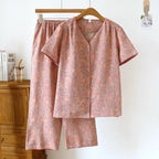 2025 Spring/Summer New Women's Pajama Set 100% Cotton Short Sleeve+Capris Two Piece Set for Large Flower Thin Home Furnishing